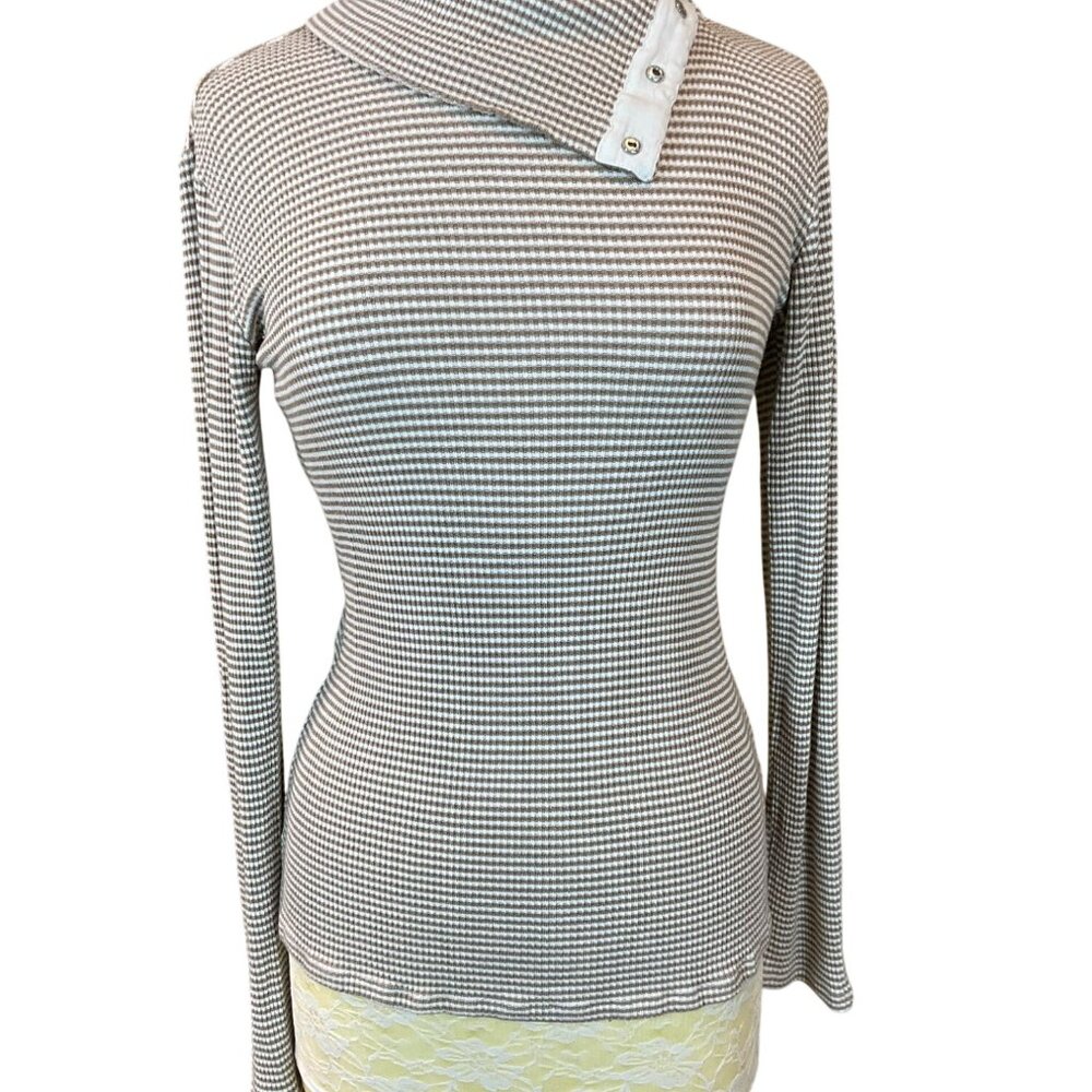 Anthropology Dolan Left Coast Collection LS Tan Striped Snap Turtleneck Medium